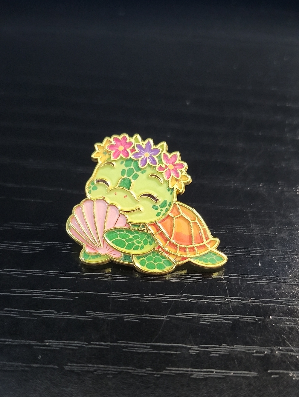 Green Turtle Enamel Pin with Floral Headband and Pink Shell Accessory